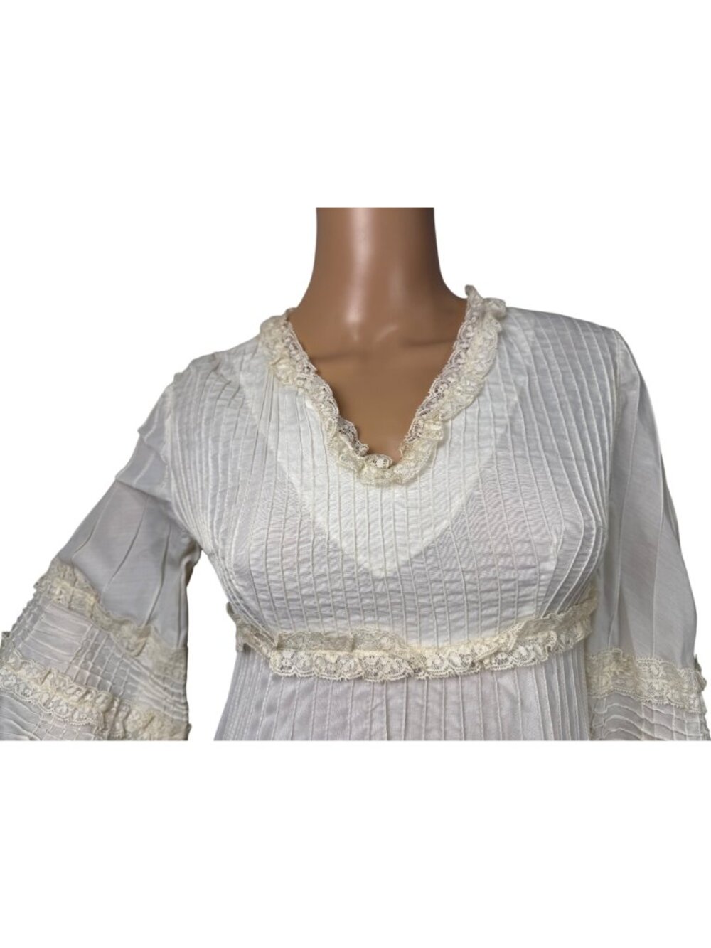 VTG 70s Tachi Castillo Ivory Prairie Maxi Dress Lace Pintuck Bell Sleeve Boho - Picture 4 of 12